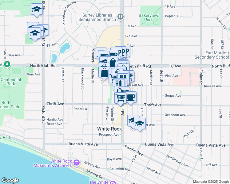 map of restaurants, bars, coffee shops, grocery stores, and more near in White Rock
