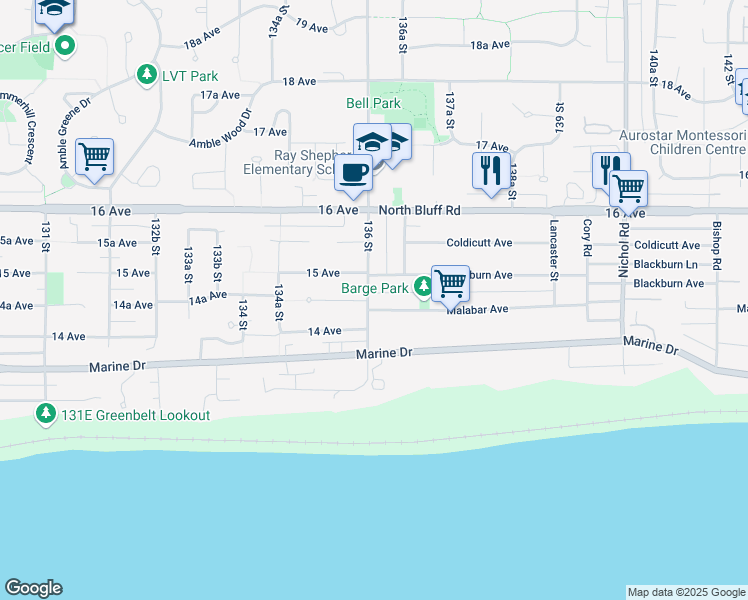 map of restaurants, bars, coffee shops, grocery stores, and more near 13601 Malabar Avenue in White Rock