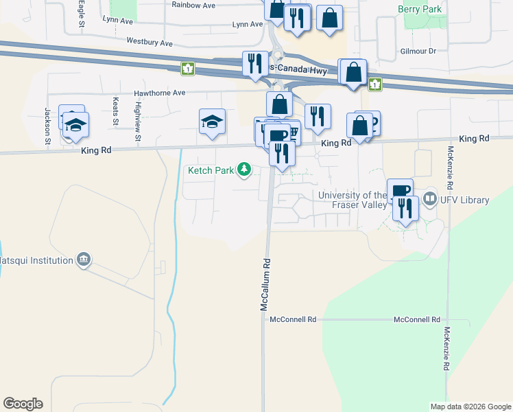 map of restaurants, bars, coffee shops, grocery stores, and more near in Abbotsford