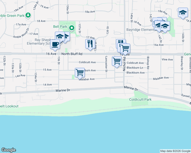 map of restaurants, bars, coffee shops, grocery stores, and more near 13821 Malabar Avenue in White Rock