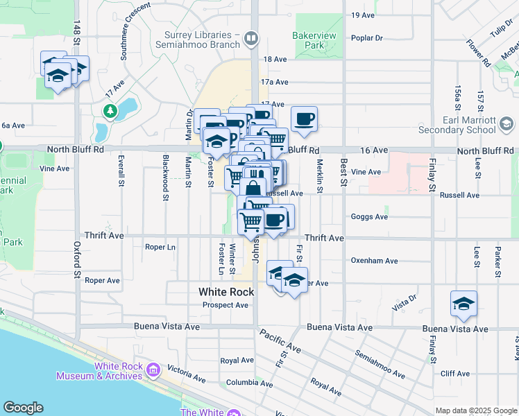 map of restaurants, bars, coffee shops, grocery stores, and more near in White Rock