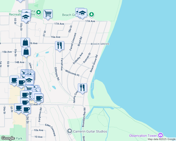 map of restaurants, bars, coffee shops, grocery stores, and more near 1432 Compston Crescent in Delta