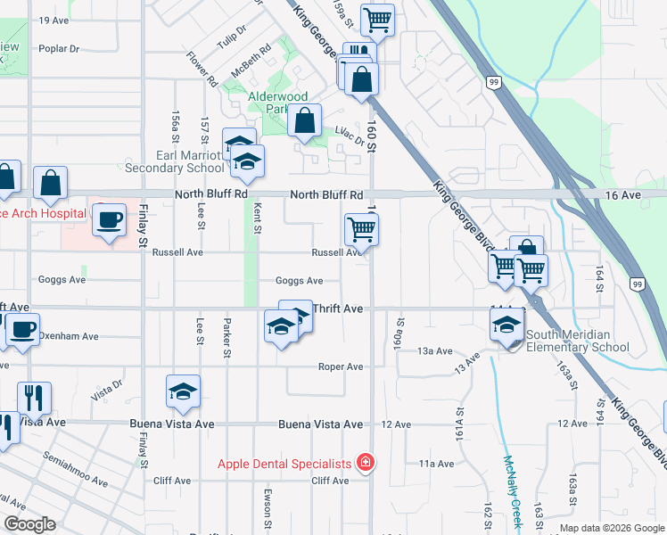 map of restaurants, bars, coffee shops, grocery stores, and more near 1475 Stevens Street in White Rock