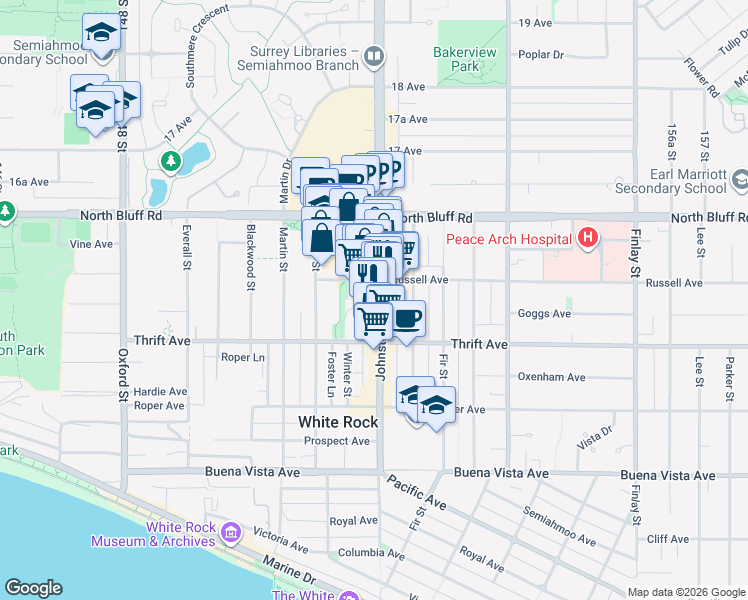 map of restaurants, bars, coffee shops, grocery stores, and more near 1473 Johnston Road in White Rock
