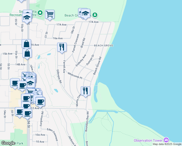 map of restaurants, bars, coffee shops, grocery stores, and more near 1432 Compston Crescent in Delta