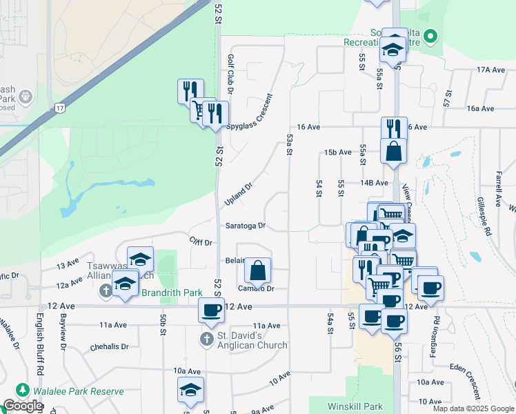 map of restaurants, bars, coffee shops, grocery stores, and more near 1409 Windsor Crescent in Delta