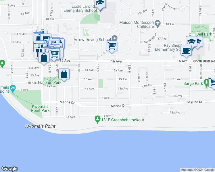 map of restaurants, bars, coffee shops, grocery stores, and more near 13157 14A Avenue in Surrey