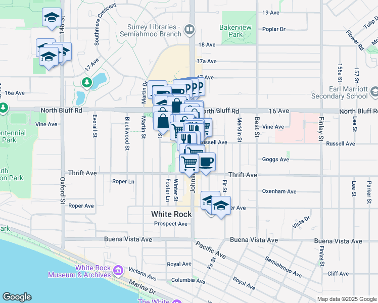 map of restaurants, bars, coffee shops, grocery stores, and more near in White Rock