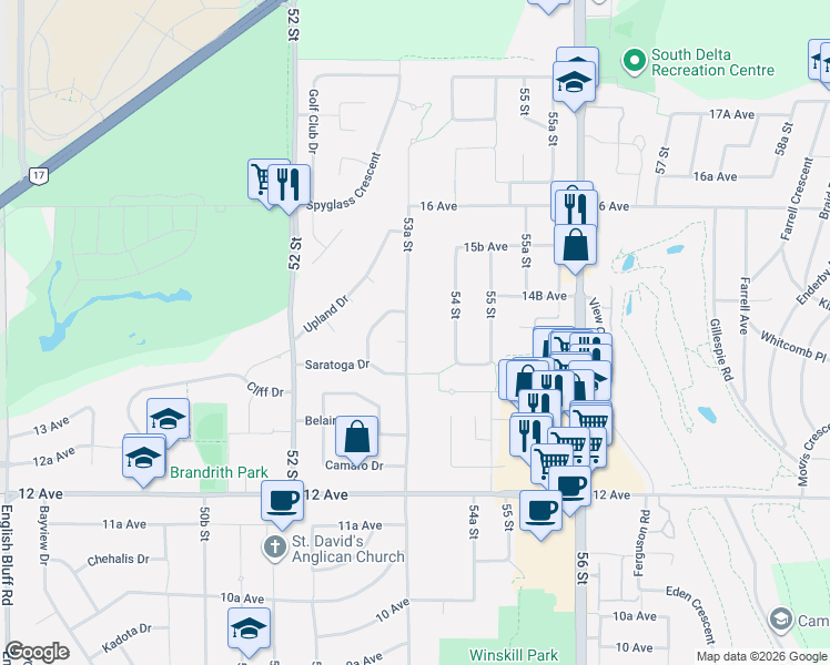 map of restaurants, bars, coffee shops, grocery stores, and more near 1424 53A Street in Delta