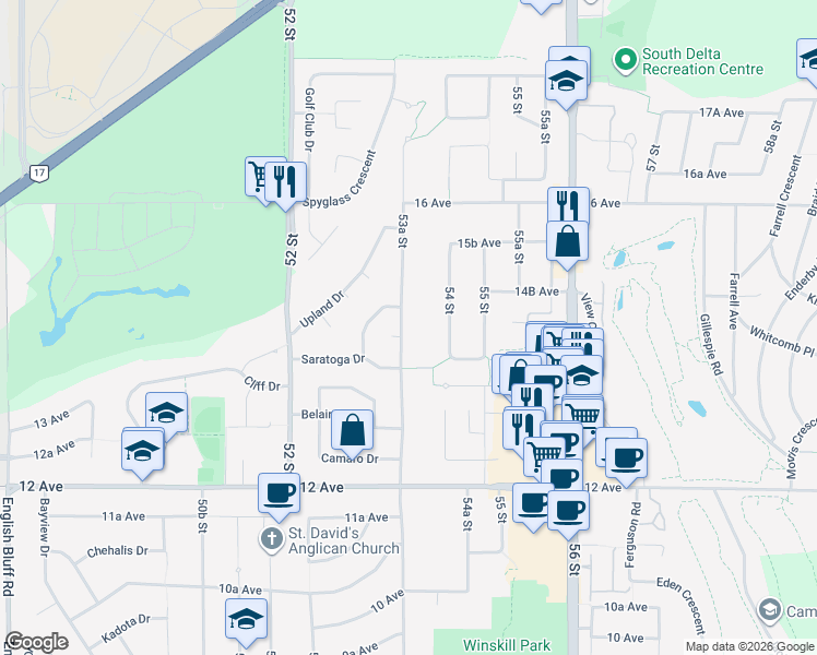 map of restaurants, bars, coffee shops, grocery stores, and more near 1424 53A Street in Delta