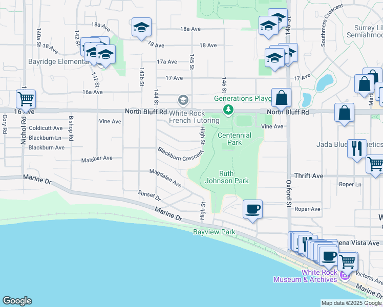 map of restaurants, bars, coffee shops, grocery stores, and more near 14501 Blackburn Crescent in White Rock