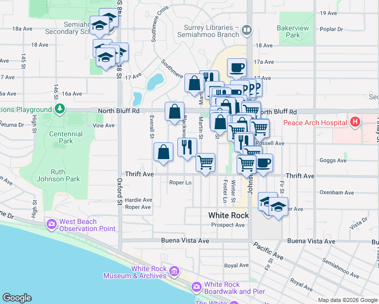 map of restaurants, bars, coffee shops, grocery stores, and more near 1458 Blackwood Street in White Rock