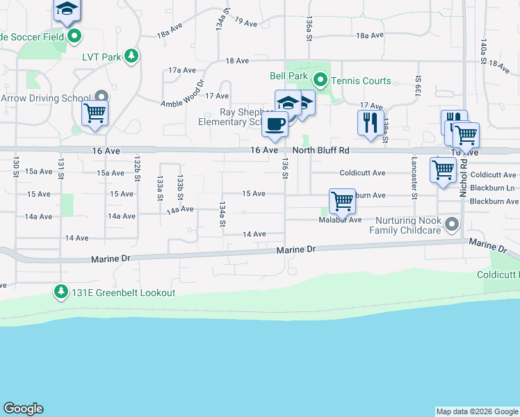 map of restaurants, bars, coffee shops, grocery stores, and more near 13551 14A Avenue in Surrey