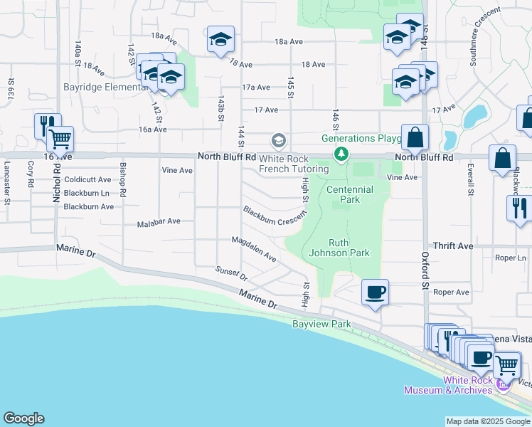 map of restaurants, bars, coffee shops, grocery stores, and more near 14447 Blackburn Crescent in White Rock