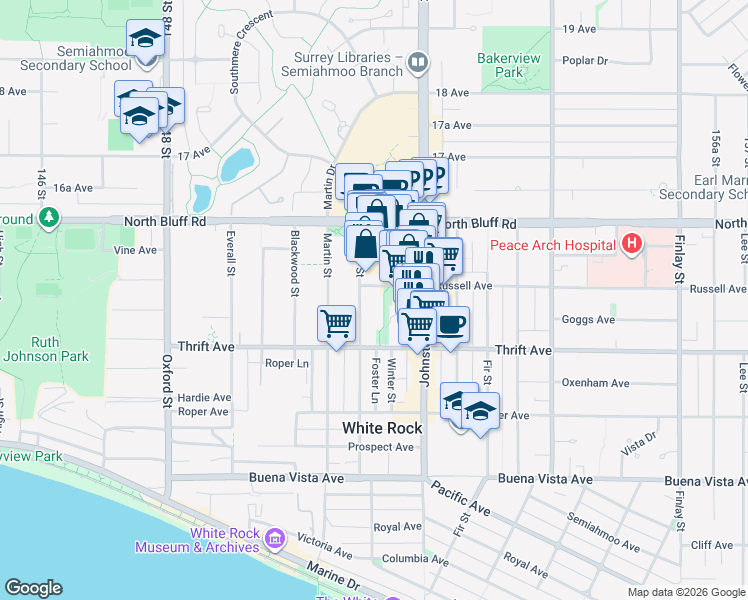 map of restaurants, bars, coffee shops, grocery stores, and more near 1480 Foster Street in White Rock