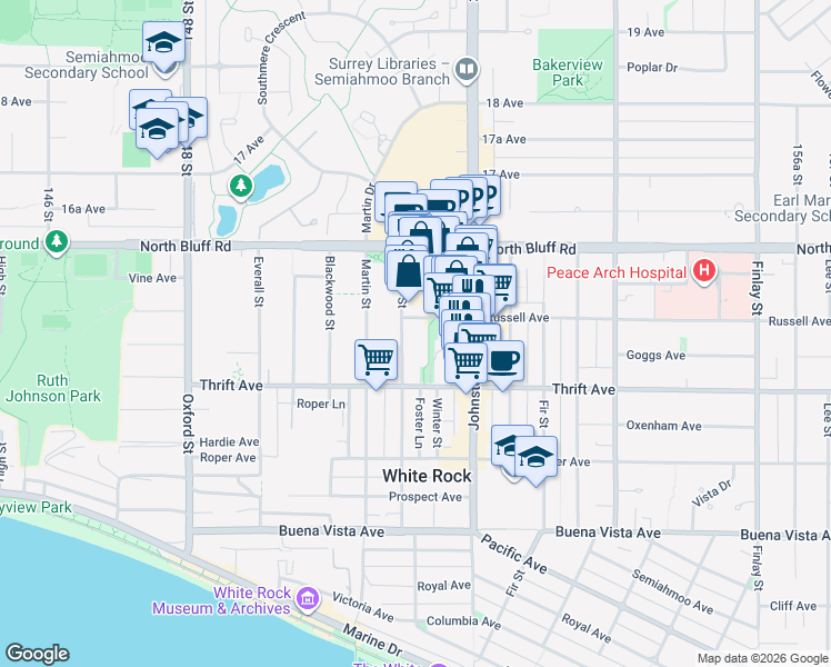 map of restaurants, bars, coffee shops, grocery stores, and more near 1480 Foster Street in White Rock