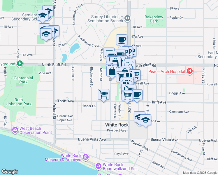 map of restaurants, bars, coffee shops, grocery stores, and more near 1475 Foster Street in White Rock
