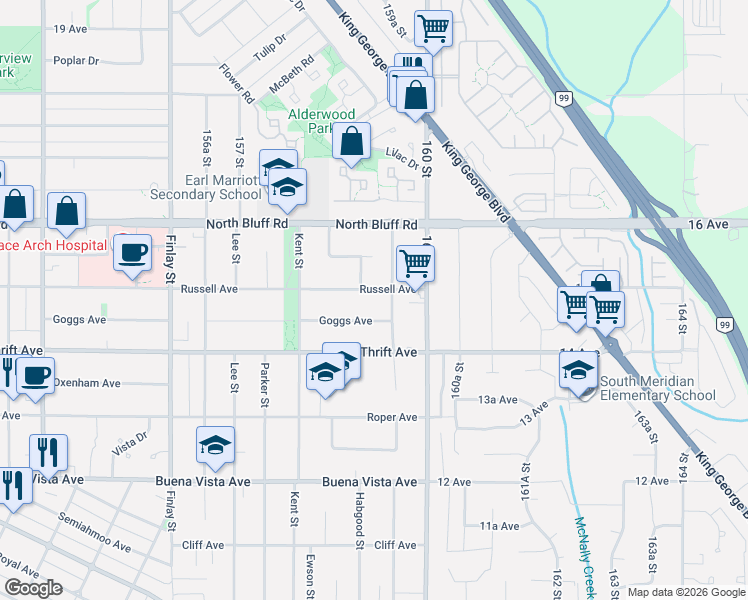 map of restaurants, bars, coffee shops, grocery stores, and more near in White Rock
