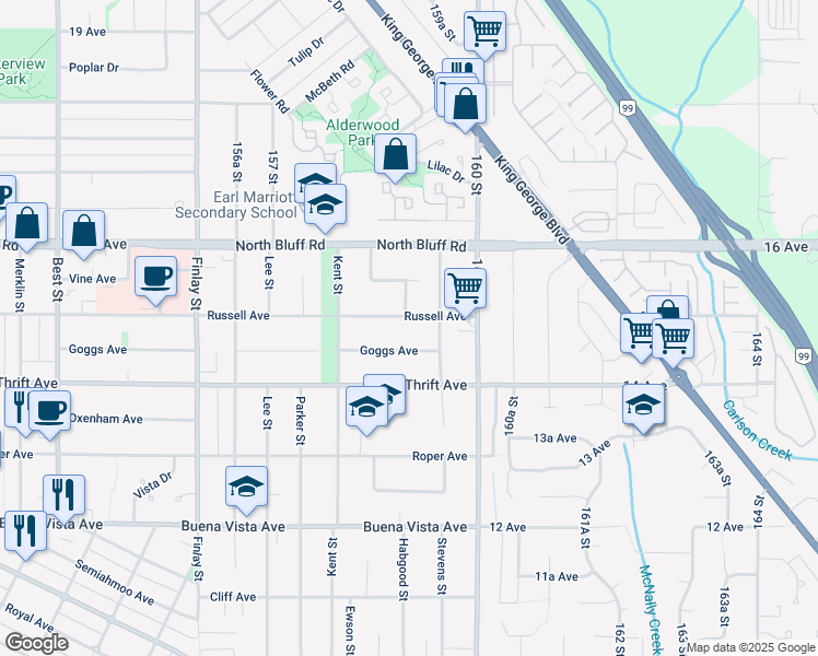 map of restaurants, bars, coffee shops, grocery stores, and more near 15890 Russell Avenue in White Rock