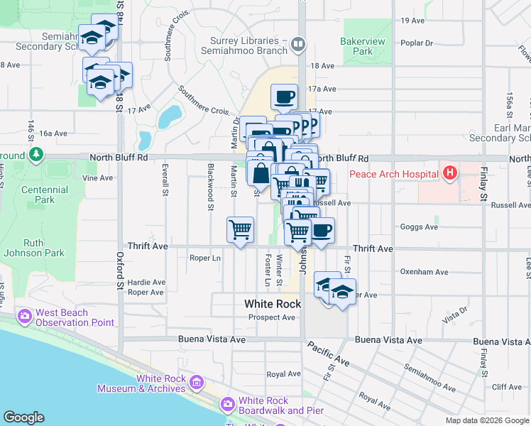 map of restaurants, bars, coffee shops, grocery stores, and more near 1480 Foster Street in White Rock