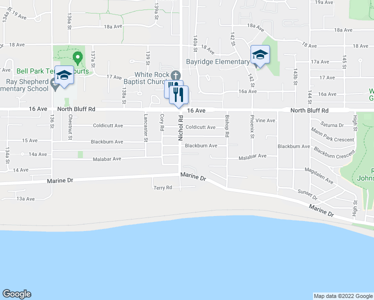 map of restaurants, bars, coffee shops, grocery stores, and more near 14022 Blackburn Avenue in White Rock