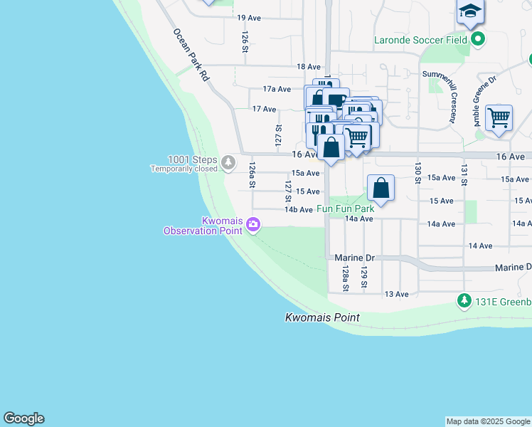 map of restaurants, bars, coffee shops, grocery stores, and more near 12660 14B Avenue in Surrey