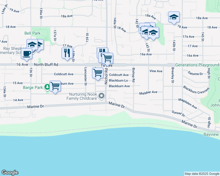 map of restaurants, bars, coffee shops, grocery stores, and more near 14022 Blackburn Avenue in White Rock
