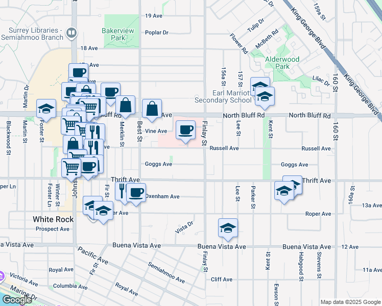 map of restaurants, bars, coffee shops, grocery stores, and more near 15568 Russell Avenue in White Rock