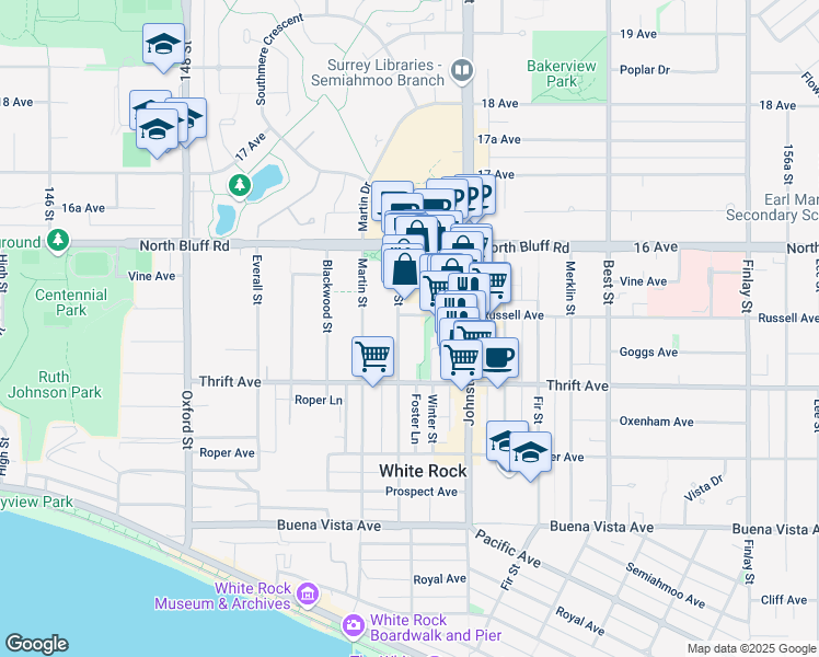 map of restaurants, bars, coffee shops, grocery stores, and more near in White Rock