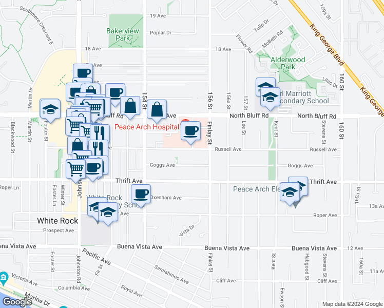map of restaurants, bars, coffee shops, grocery stores, and more near 15554 Russell Avenue in White Rock