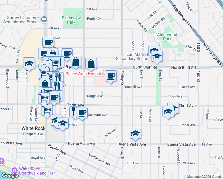 map of restaurants, bars, coffee shops, grocery stores, and more near 15554 Russell Avenue in White Rock