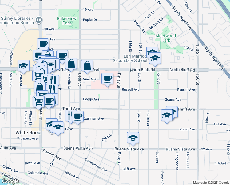 map of restaurants, bars, coffee shops, grocery stores, and more near 15582 Russell Avenue in White Rock