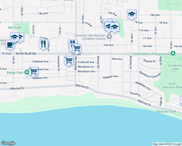 map of restaurants, bars, coffee shops, grocery stores, and more near 14110 Blackburn Avenue in White Rock