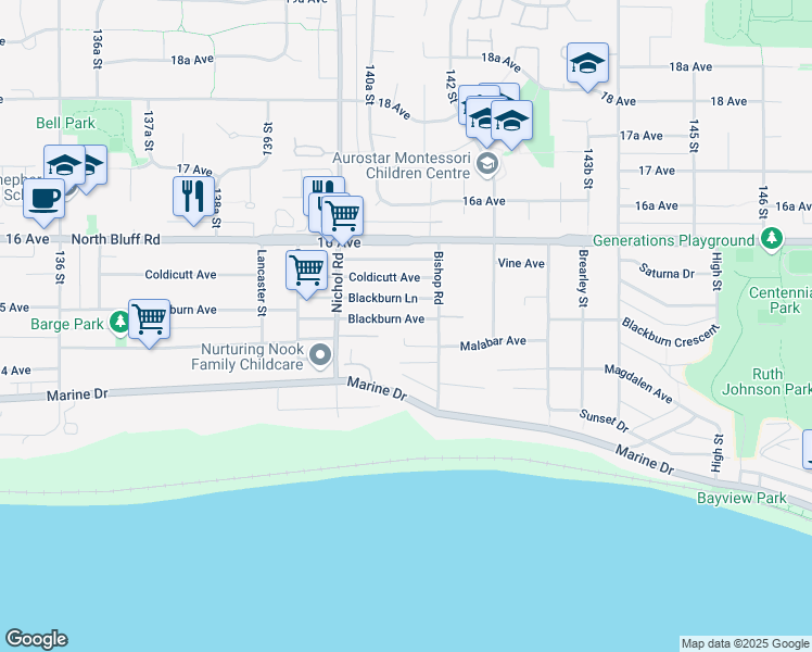 map of restaurants, bars, coffee shops, grocery stores, and more near 14110 Blackburn Avenue in White Rock