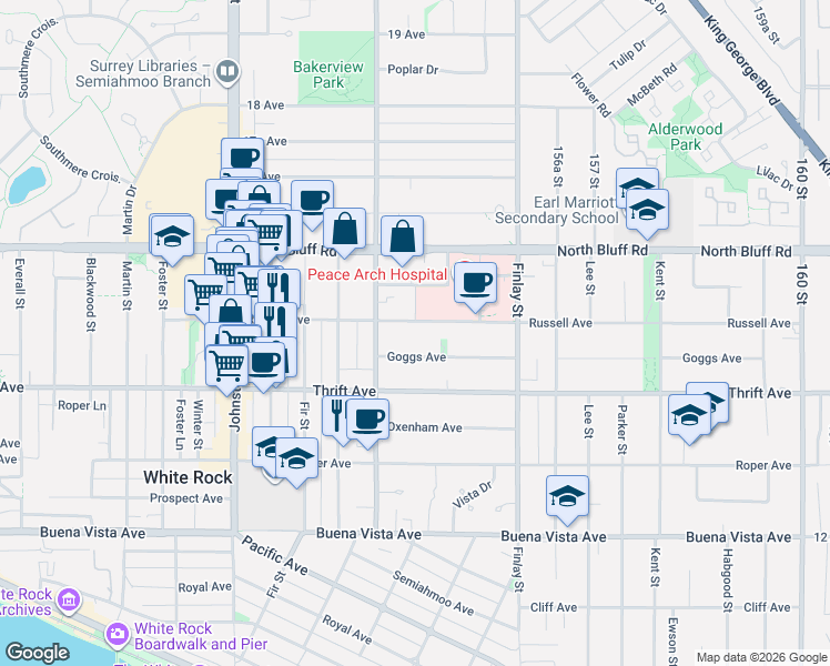 map of restaurants, bars, coffee shops, grocery stores, and more near 15448 Russell Avenue in White Rock