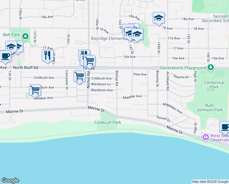 map of restaurants, bars, coffee shops, grocery stores, and more near 14150 Blackburn Avenue in White Rock