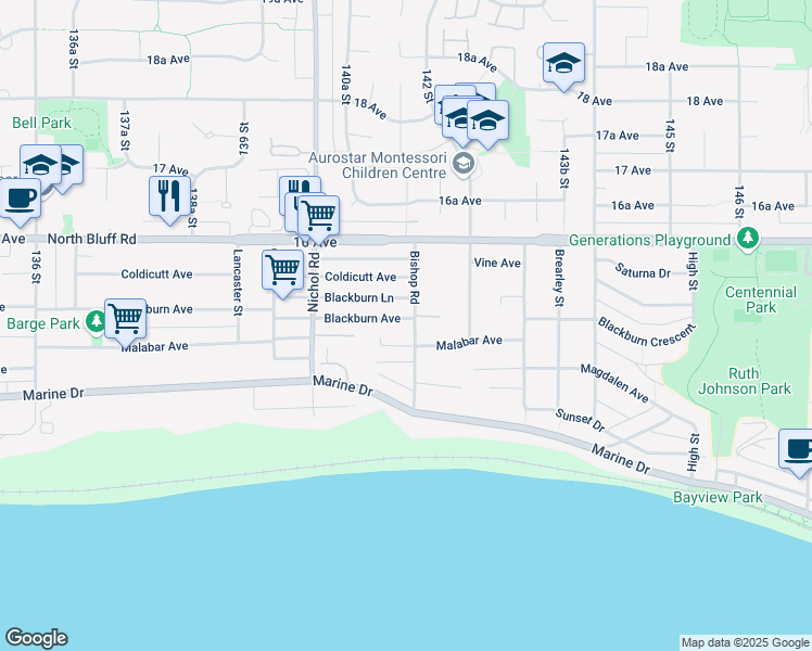 map of restaurants, bars, coffee shops, grocery stores, and more near 14150 Blackburn Avenue in White Rock