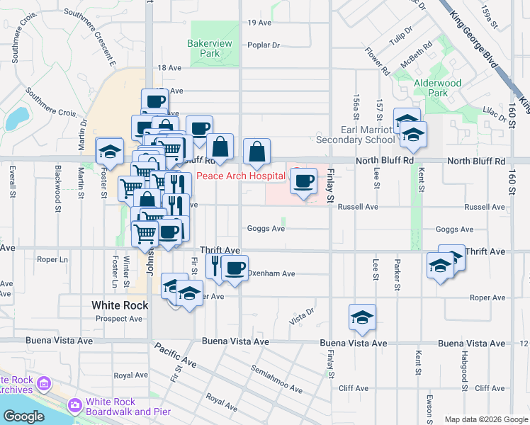map of restaurants, bars, coffee shops, grocery stores, and more near 15456 Russell Avenue in White Rock