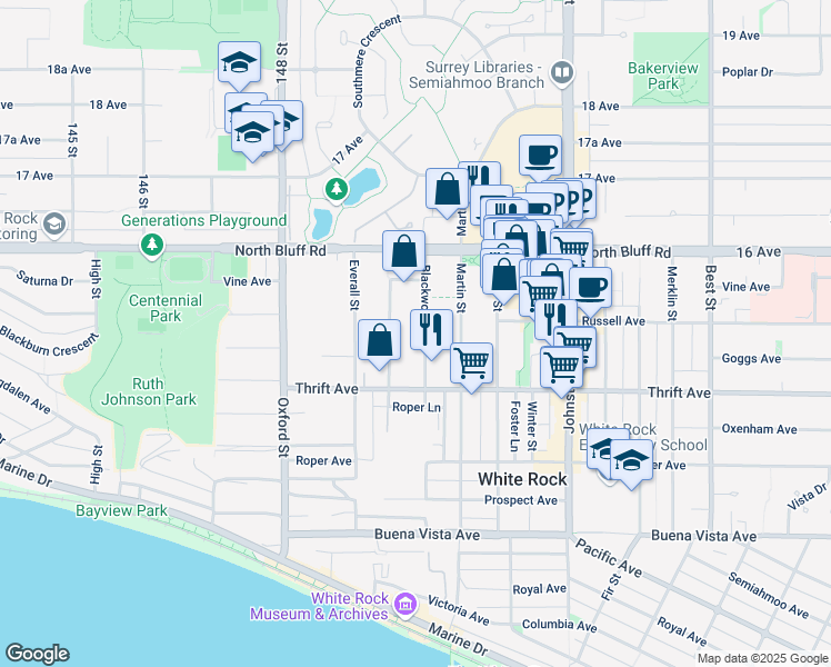 map of restaurants, bars, coffee shops, grocery stores, and more near 1473 Blackwood Street in White Rock