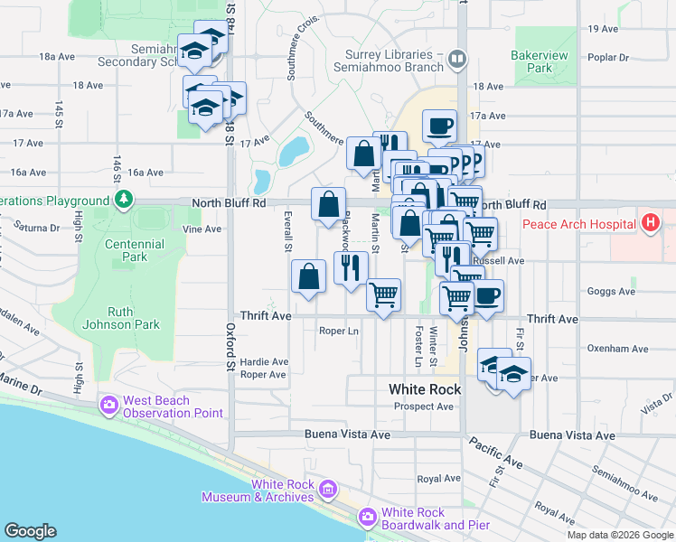 map of restaurants, bars, coffee shops, grocery stores, and more near 1473 Blackwood Street in White Rock