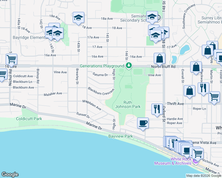 map of restaurants, bars, coffee shops, grocery stores, and more near 14523 Blackburn Crescent in White Rock
