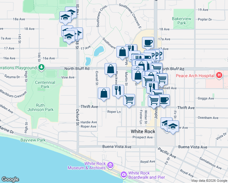 map of restaurants, bars, coffee shops, grocery stores, and more near in White Rock