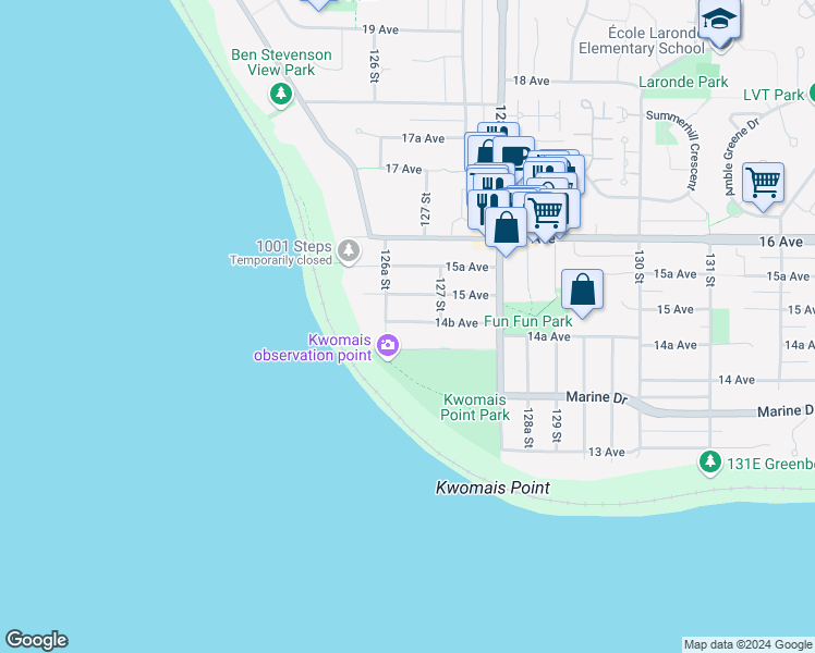 map of restaurants, bars, coffee shops, grocery stores, and more near in Surrey