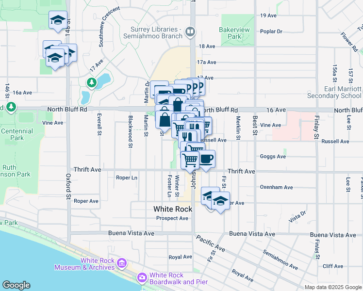 map of restaurants, bars, coffee shops, grocery stores, and more near 15154 Russell Avenue in White Rock