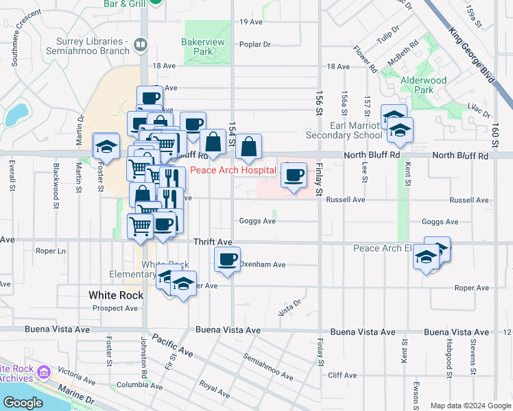 map of restaurants, bars, coffee shops, grocery stores, and more near 15456 Russell Avenue in White Rock