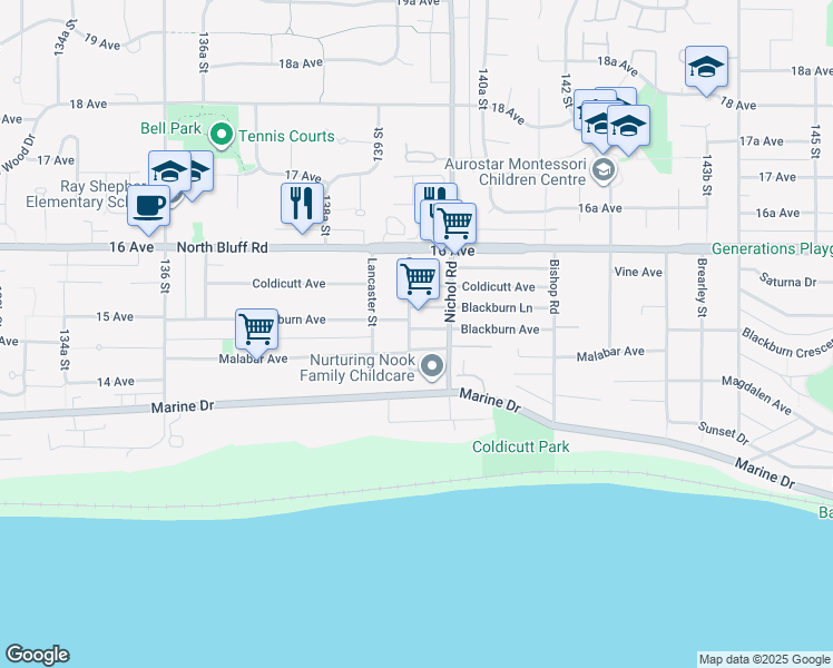 map of restaurants, bars, coffee shops, grocery stores, and more near 13950 Blackburn Avenue in White Rock
