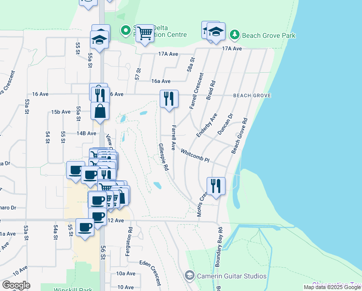 map of restaurants, bars, coffee shops, grocery stores, and more near 5845 Whitcomb Place in Delta