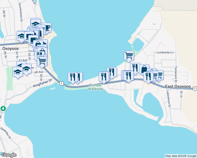 map of restaurants, bars, coffee shops, grocery stores, and more near 7310 Crowsnest Highway in Osoyoos