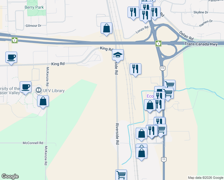 map of restaurants, bars, coffee shops, grocery stores, and more near 1471 Riverside Road in Abbotsford