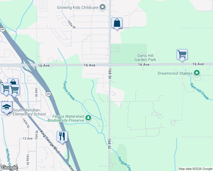 map of restaurants, bars, coffee shops, grocery stores, and more near 16770 15 Avenue in Surrey